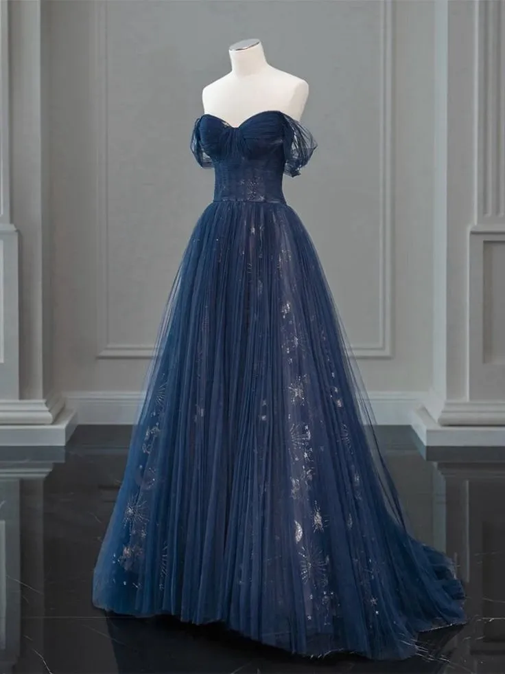 A-Line Off Shoulder Tulle Lace Dark Blue Long Prom Dress, Dark Blue Long Evening Dress      fg6743
