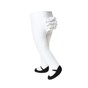 Baby girl ruffle bottom tights with sewn-in black shoe design.  Anti-slip soles. 6-12 months