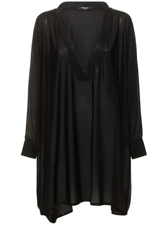 Balmain   Shiny jersey v-neck mini kaftan dress 