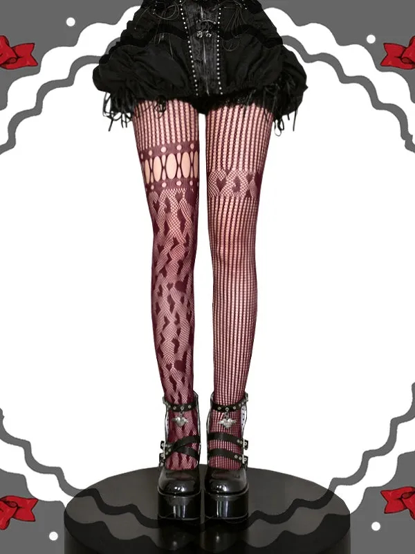 Black / Red / White Heart Pattern Asymmetrical Fishnet Tights