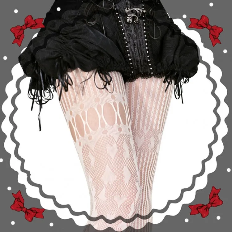 Black / Red / White Heart Pattern Asymmetrical Fishnet Tights