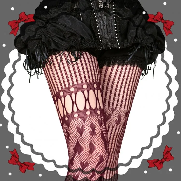 Black / Red / White Heart Pattern Asymmetrical Fishnet Tights