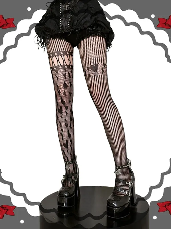 Black / Red / White Heart Pattern Asymmetrical Fishnet Tights