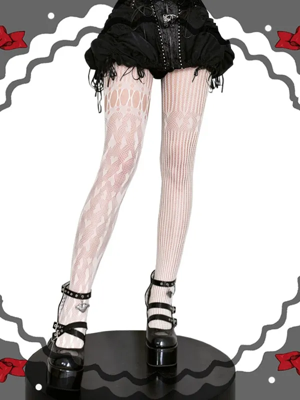 Black / Red / White Heart Pattern Asymmetrical Fishnet Tights