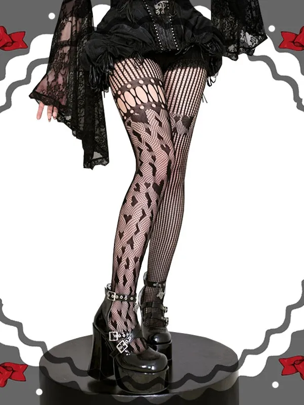 Black / Red / White Heart Pattern Asymmetrical Fishnet Tights