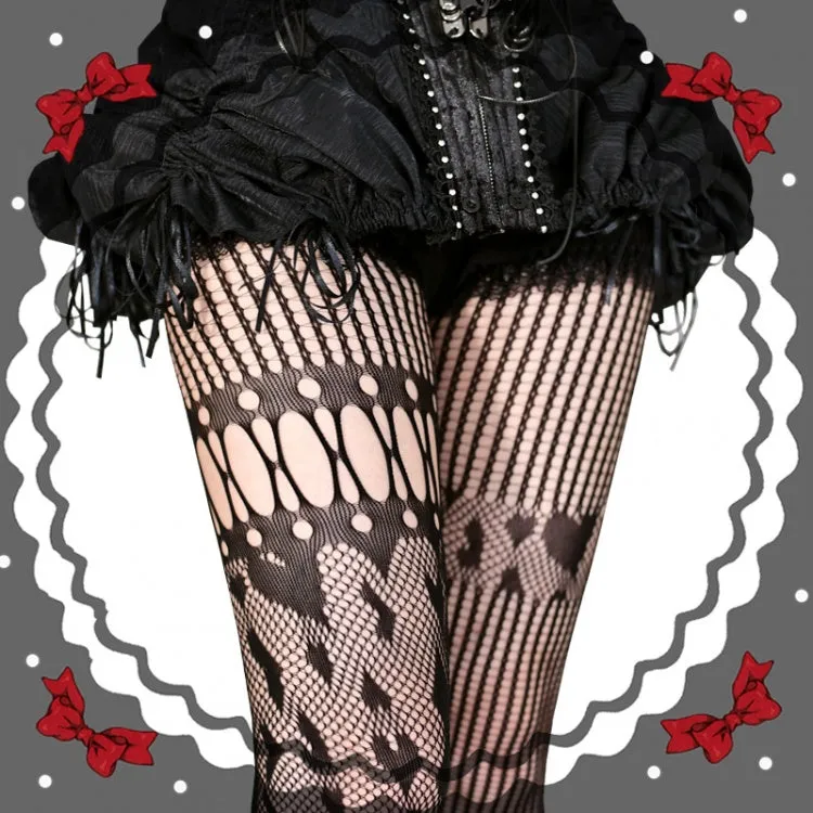 Black / Red / White Heart Pattern Asymmetrical Fishnet Tights