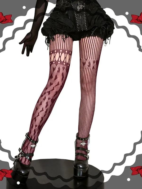 Black / Red / White Heart Pattern Asymmetrical Fishnet Tights