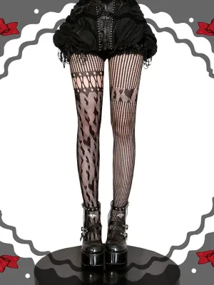 Black / Red / White Heart Pattern Asymmetrical Fishnet Tights