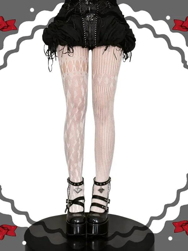 Black / Red / White Heart Pattern Asymmetrical Fishnet Tights