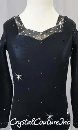 Black Shimmery Metallic Lycra Leotard-Swarovski Rhinestones