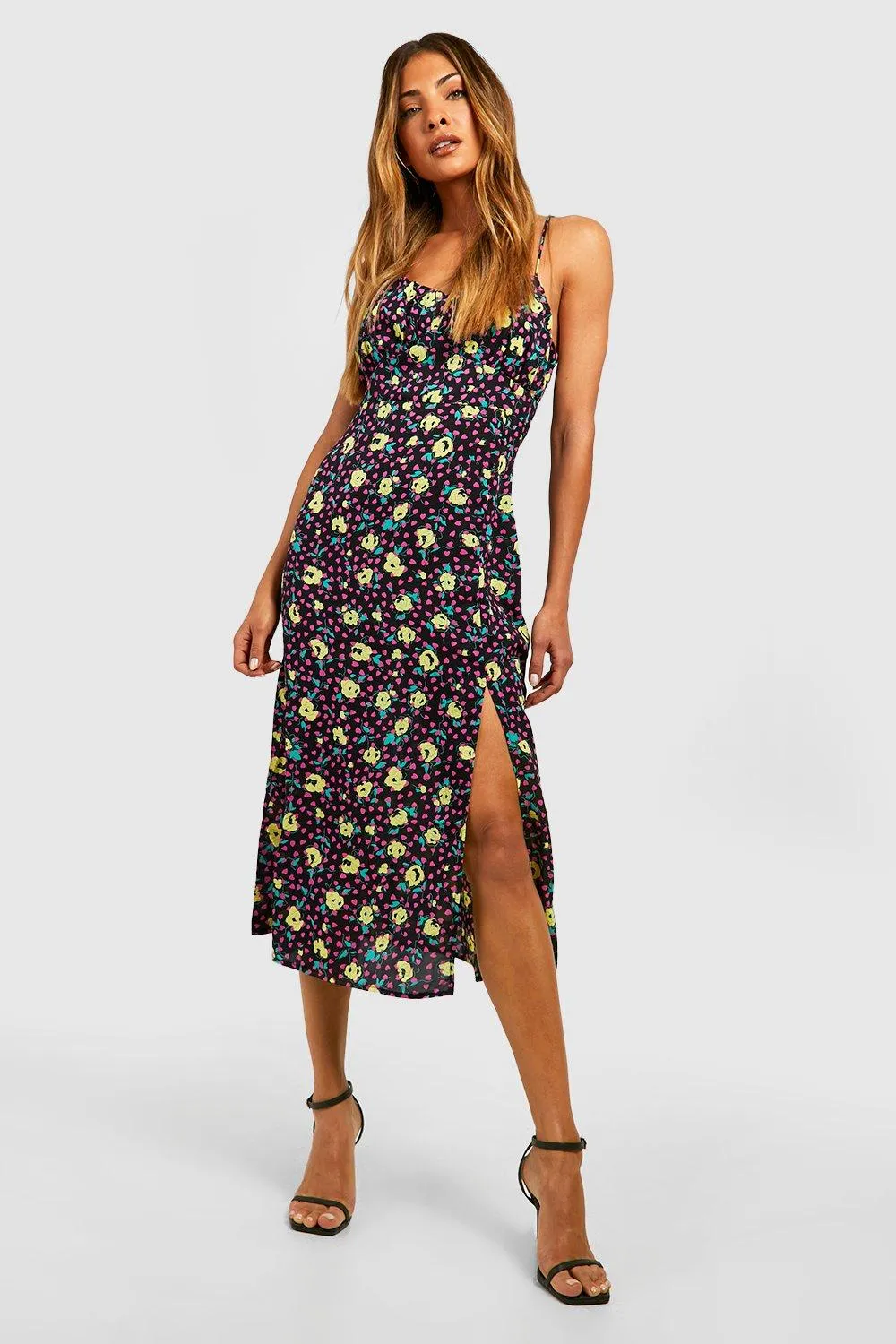 Boohoo Floral Midi Slip Dress, Black
