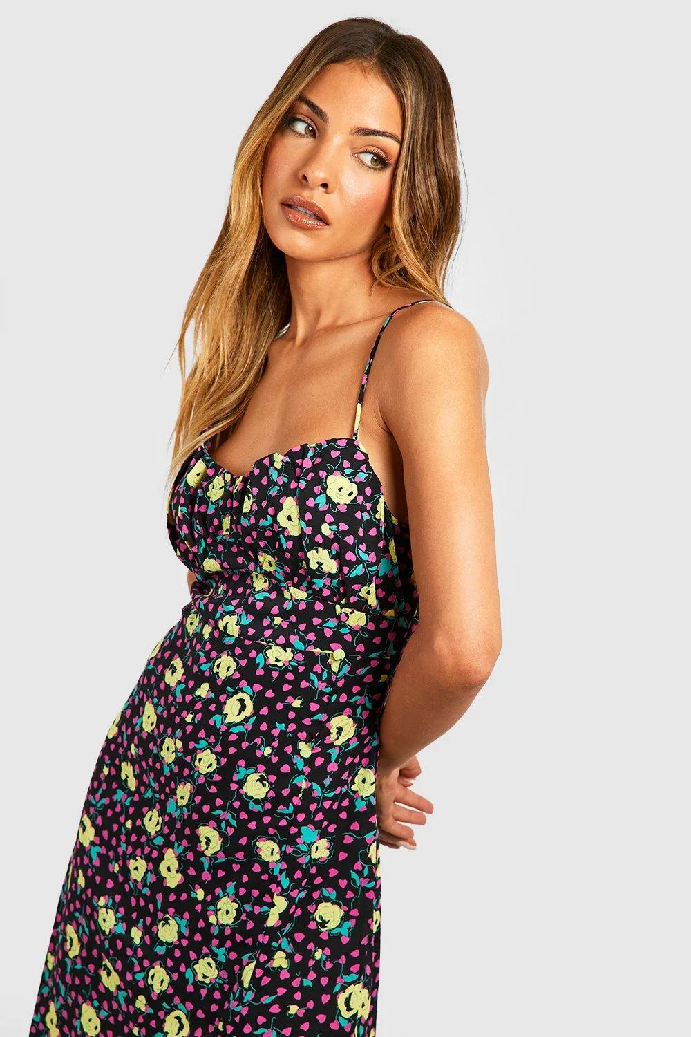 Boohoo Floral Midi Slip Dress, Black