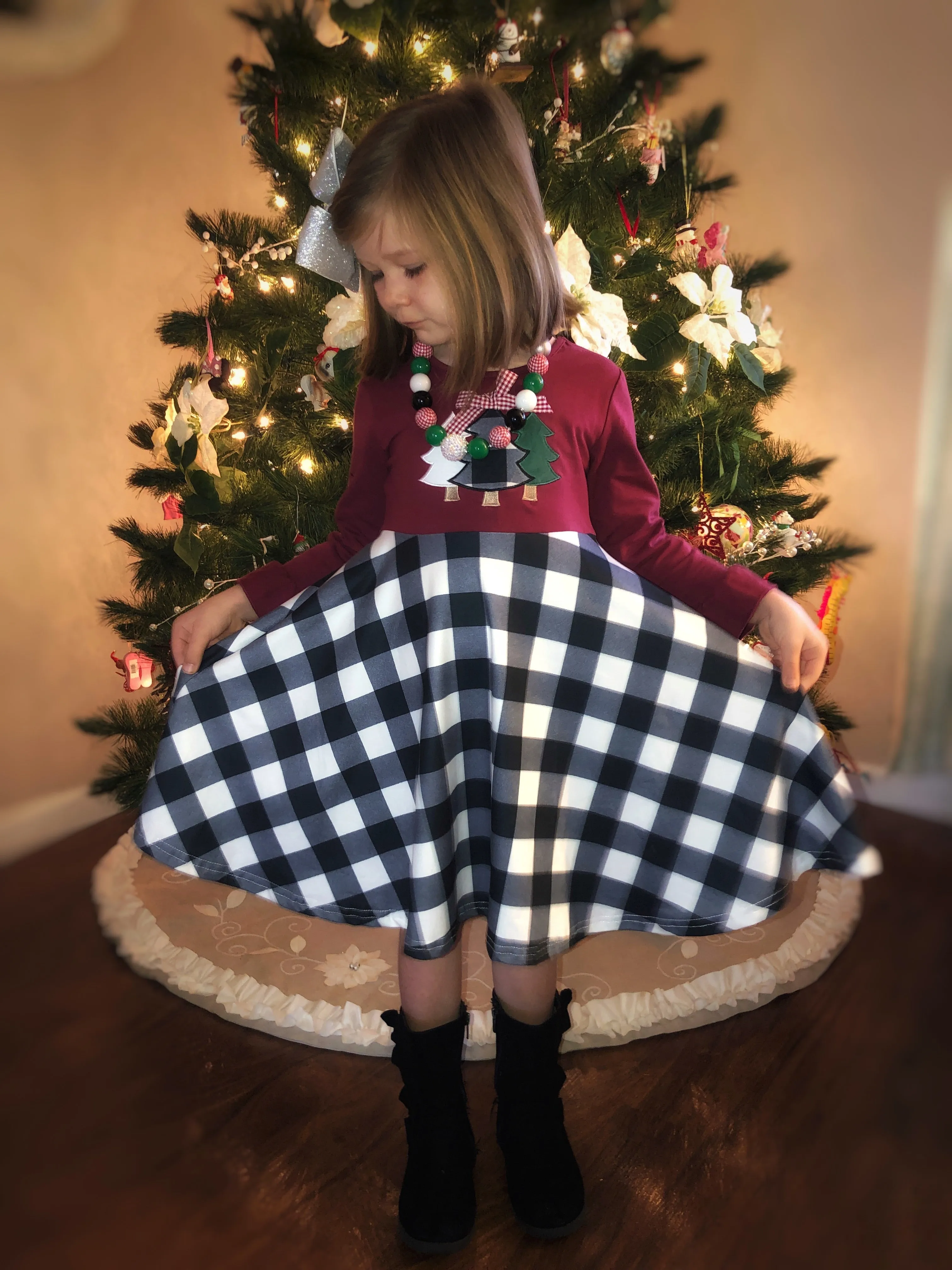Buffalo plaid twirl dress   Green ruffle legging