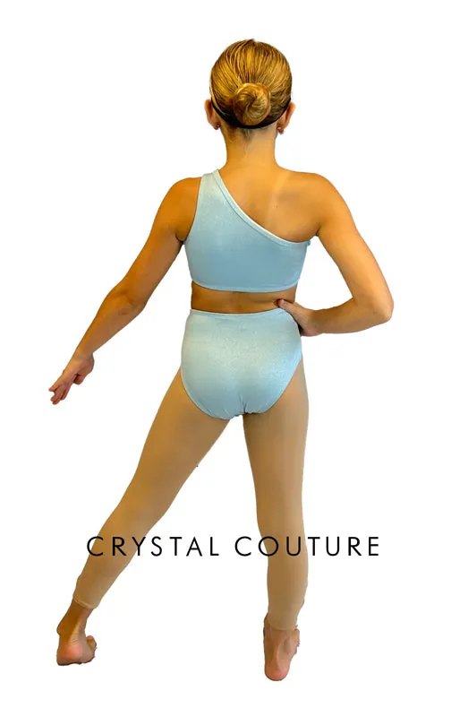Custom Baby Blue Shimmer One-Shoulder Two Piece with Rhinestones and Beading