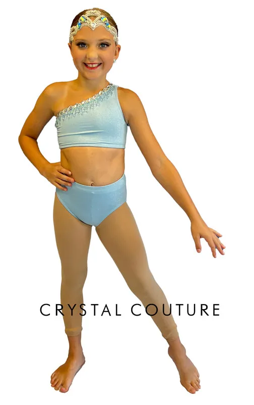 Custom Baby Blue Shimmer One-Shoulder Two Piece with Rhinestones and Beading