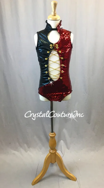 Custom Black & Red Metallic Leotard with Gold Accents