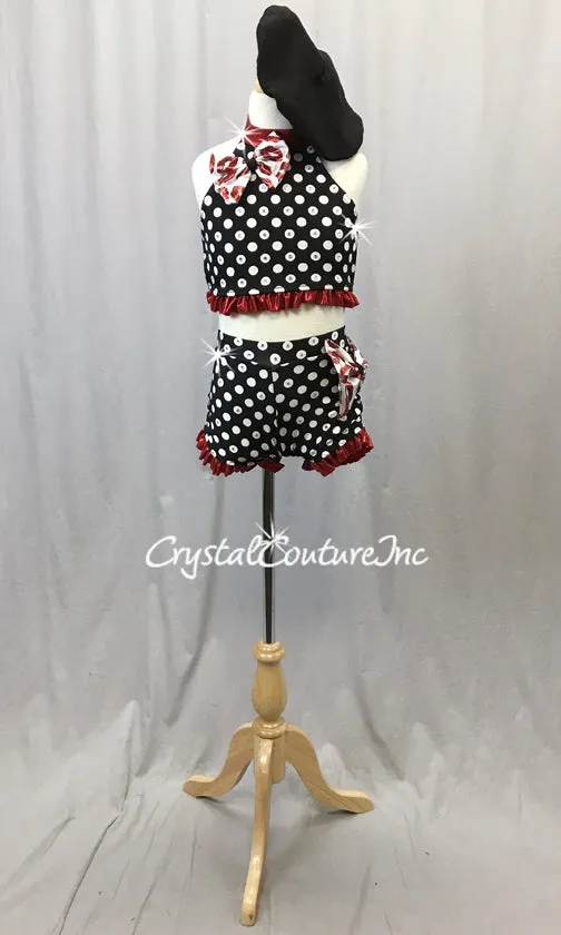 Custom Black & White Polka Dot Crop Top & Trunks with Red Accents - Swarovski Rhinestones