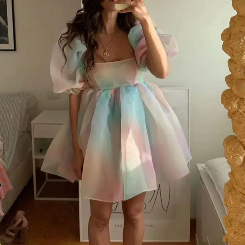 Enchanting Fairy Tale Princess Dress: Puff Sleeve Tulle Tutu with Square Collar & Mesh Ruffle Bubble Skirt - Ideal for Weddings, Parties, and Proms!