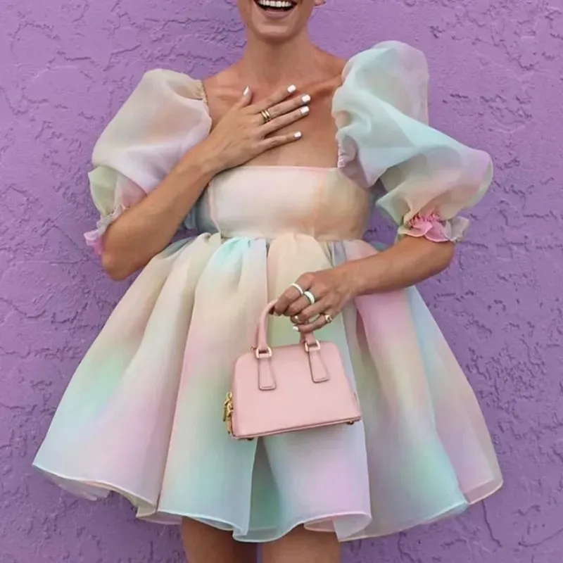 Enchanting Fairy Tale Princess Dress: Puff Sleeve Tulle Tutu with Square Collar & Mesh Ruffle Bubble Skirt - Ideal for Weddings, Parties, and Proms!