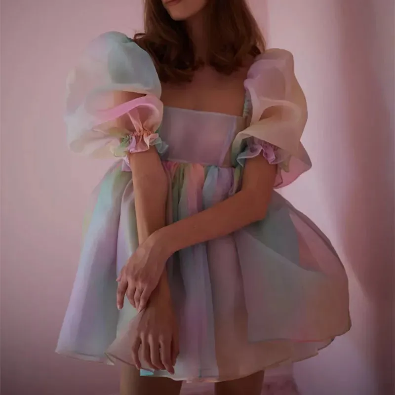 Enchanting Fairy Tale Princess Dress: Puff Sleeve Tulle Tutu with Square Collar & Mesh Ruffle Bubble Skirt - Ideal for Weddings, Parties, and Proms!