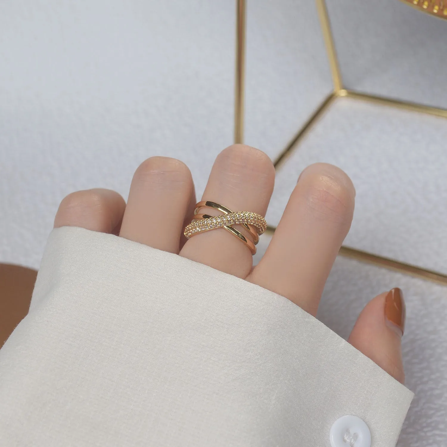 Fashion Design Gold Plated Zircon Geometric Rings Size Adjustable