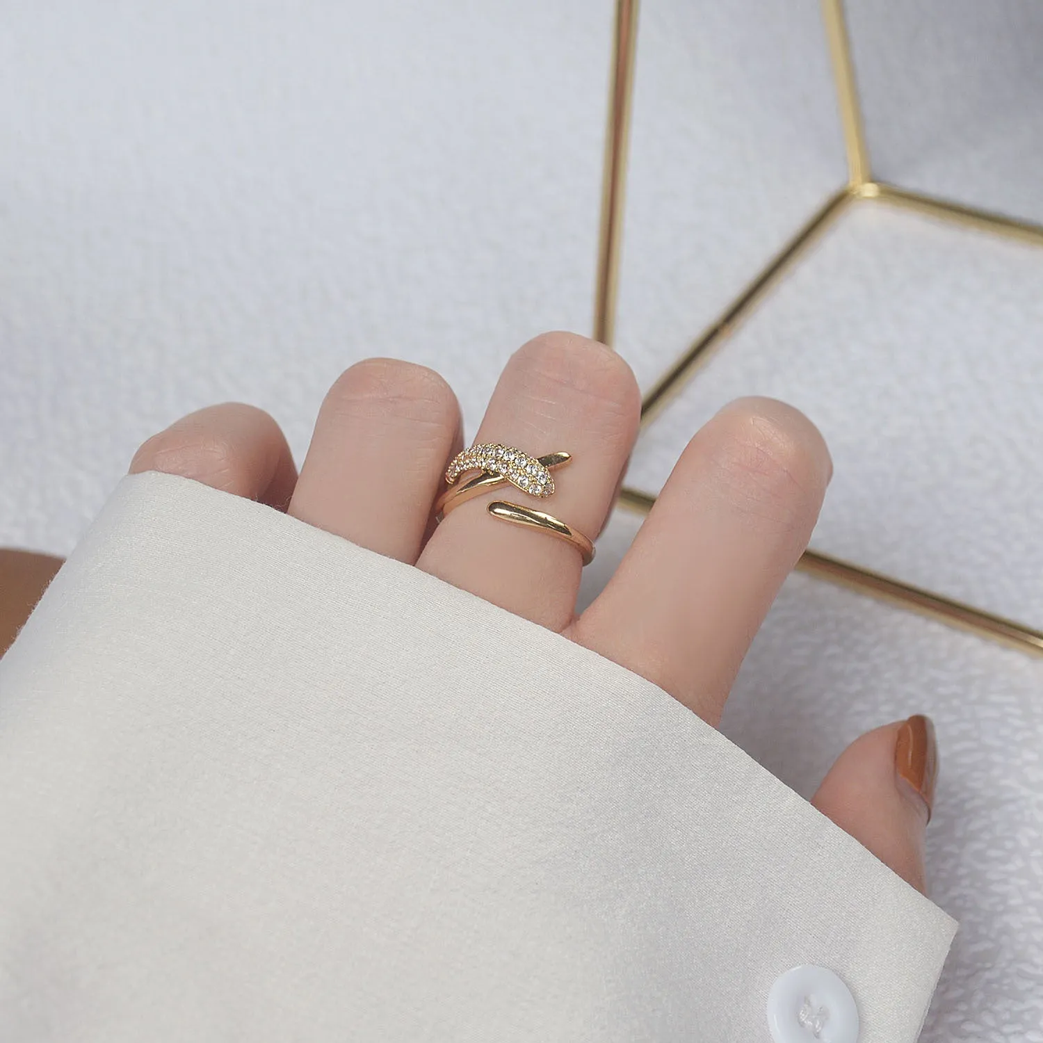 Fashion Design Gold Plated Zircon Geometric Rings Size Adjustable