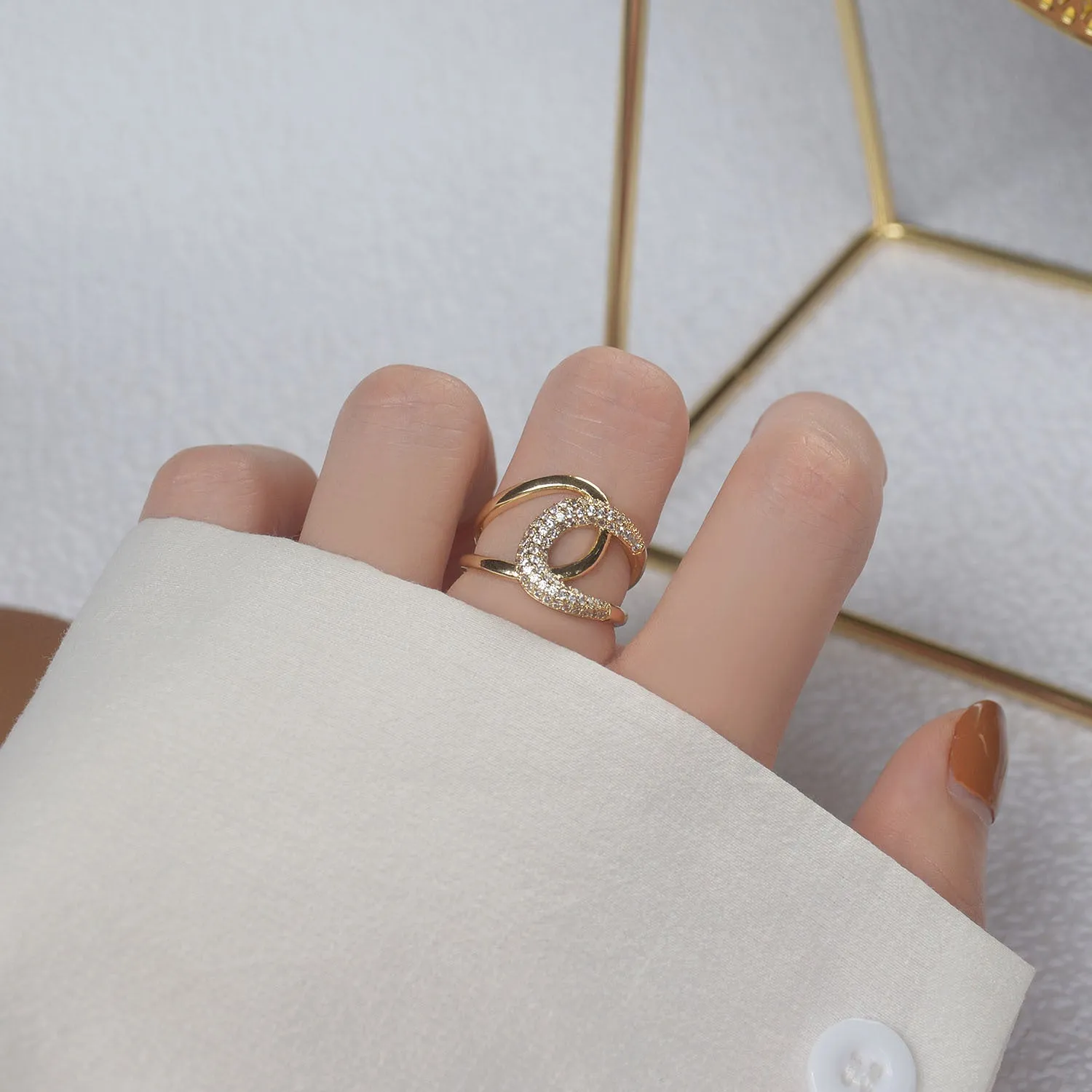 Fashion Design Gold Plated Zircon Geometric Rings Size Adjustable