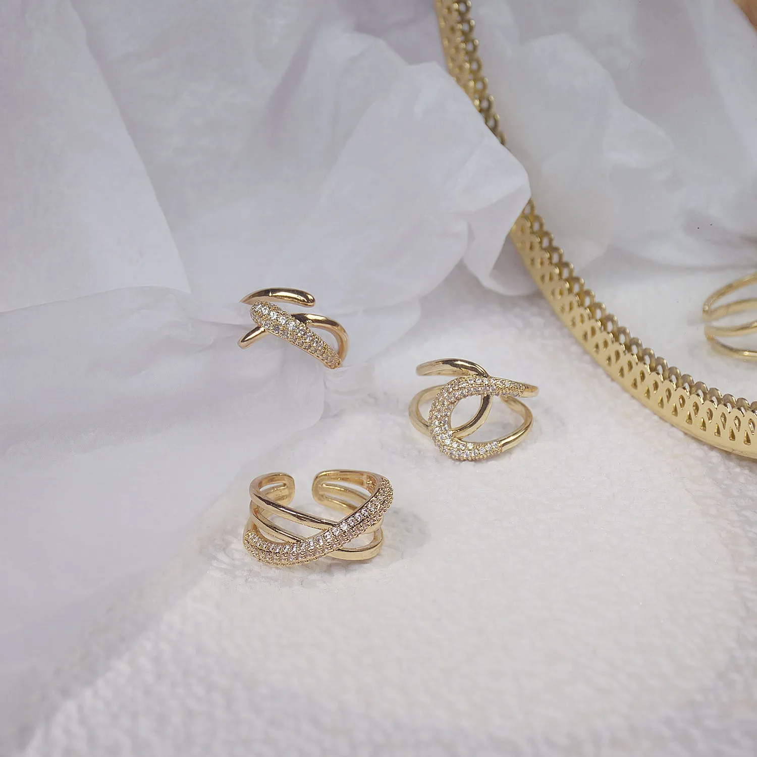 Fashion Design Gold Plated Zircon Geometric Rings Size Adjustable