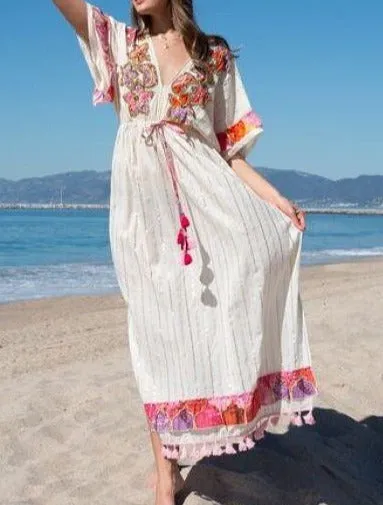 Gold Stripe Maxi Dress With Beaded Sequin