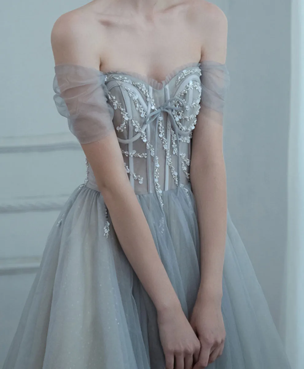 Gray Blue Long Prom Dress, Gray Blue Graduation Formal Dress with Beading