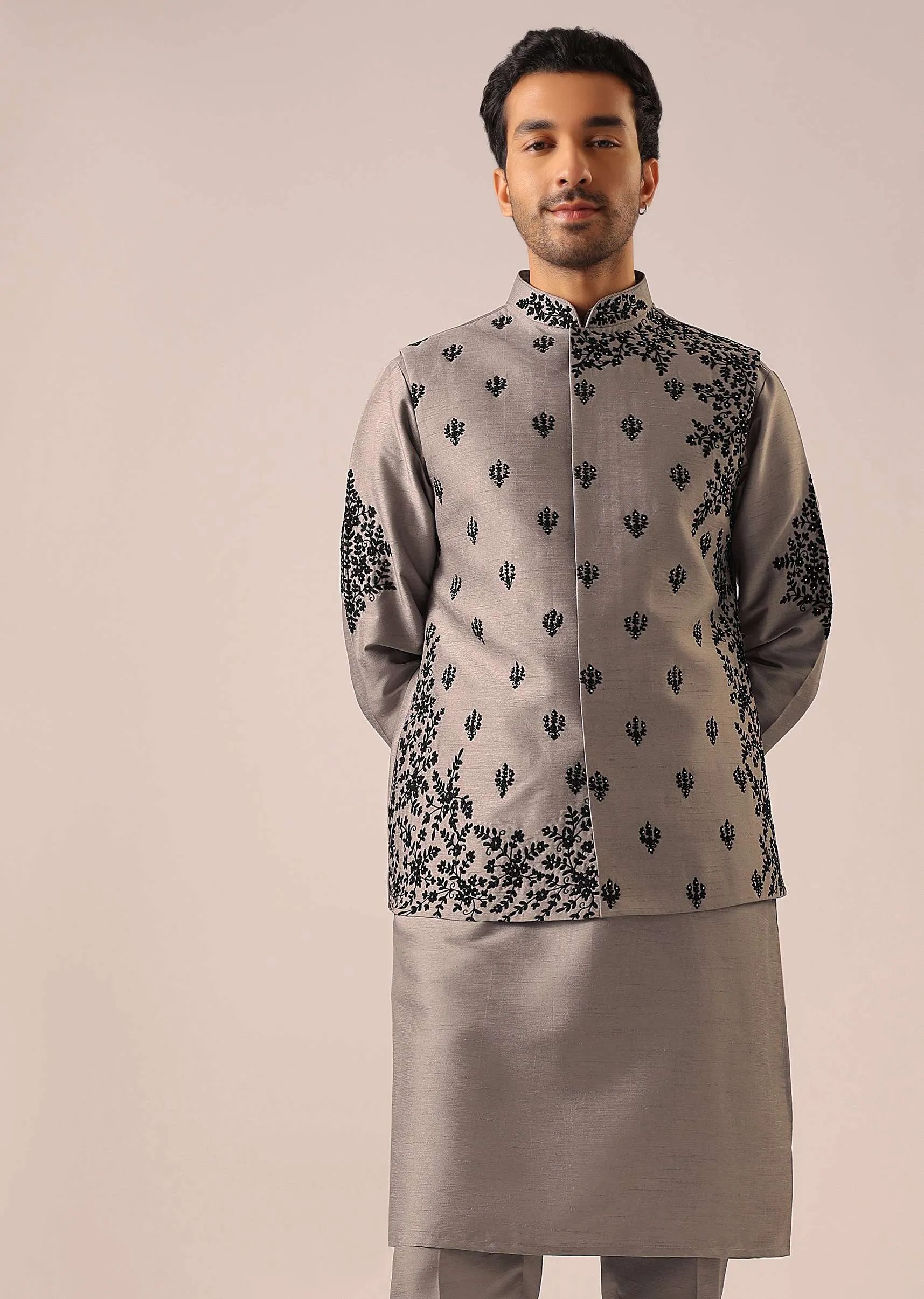 Grey Kurta And Jacket Set with Floral Hand Work And Beads