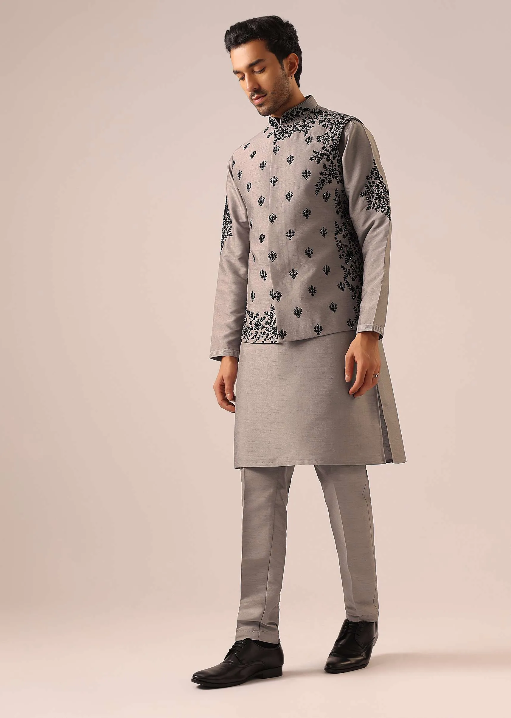 Grey Kurta And Jacket Set with Floral Hand Work And Beads
