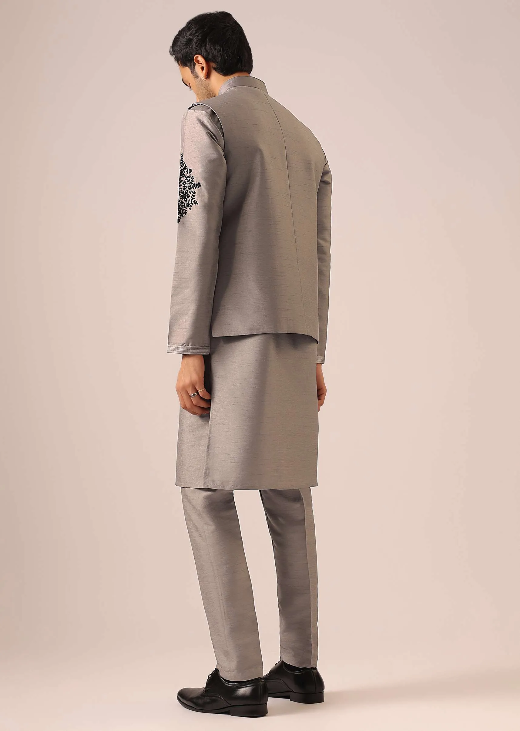 Grey Kurta And Jacket Set with Floral Hand Work And Beads
