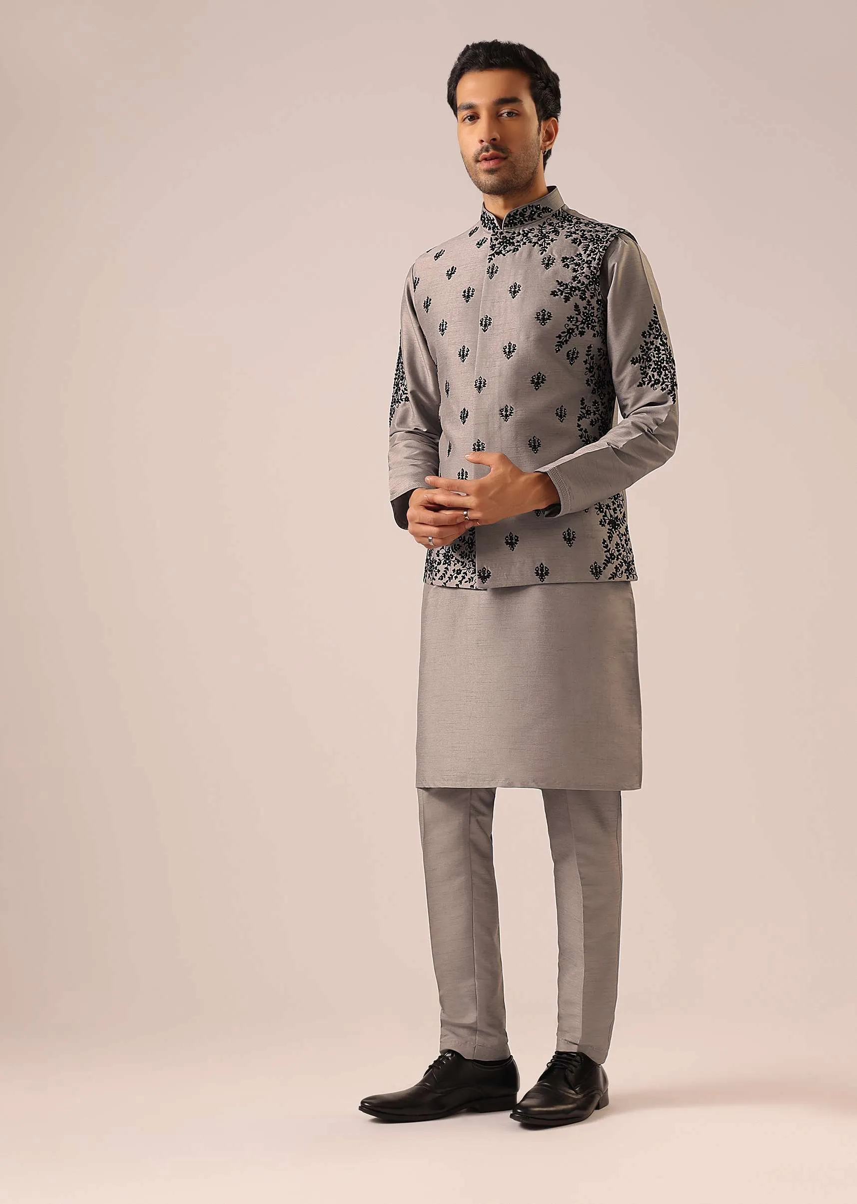 Grey Kurta And Jacket Set with Floral Hand Work And Beads