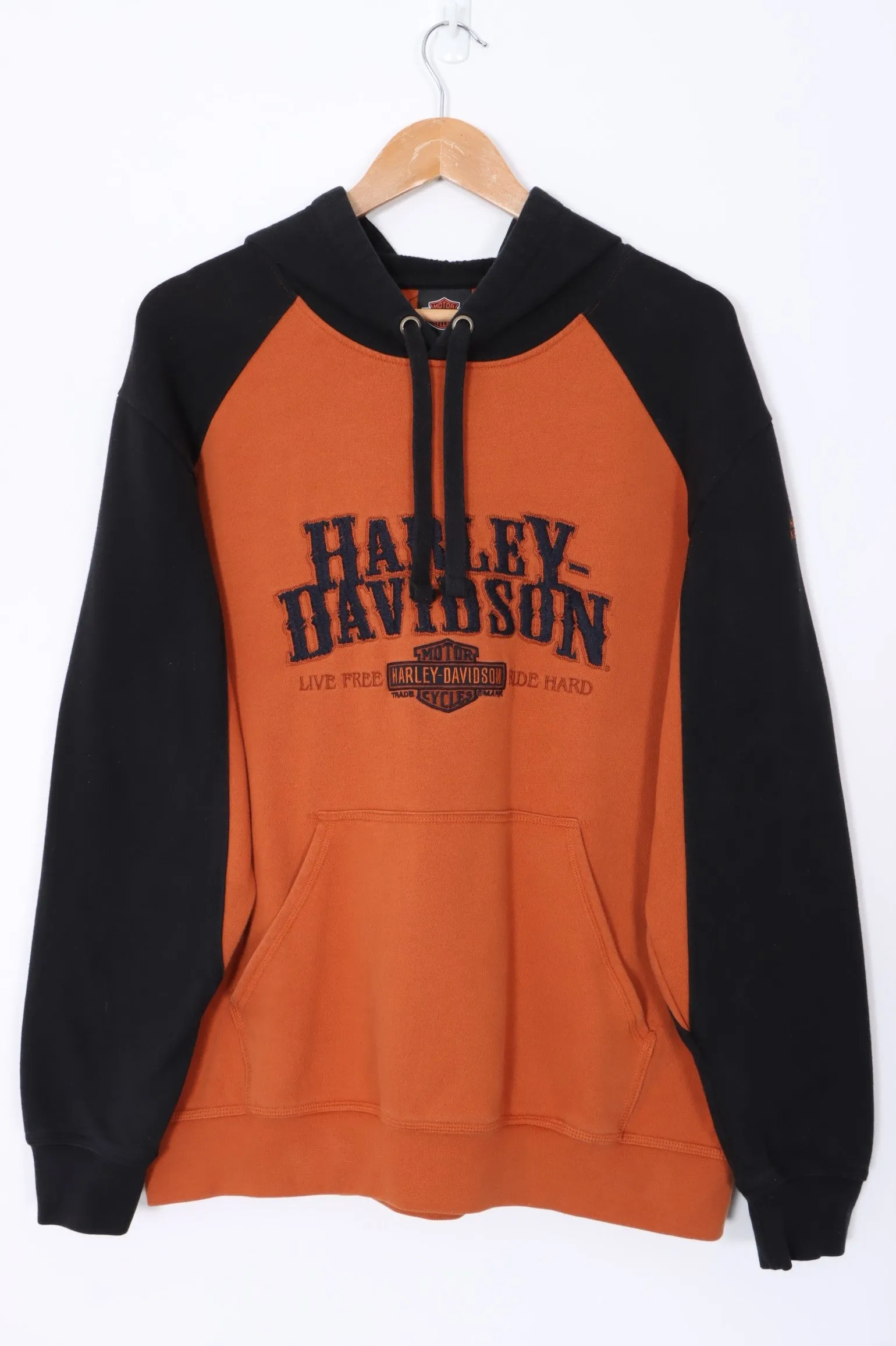 HARLEY DAVIDSON Black & Orange Colour Block Hoodie (L)