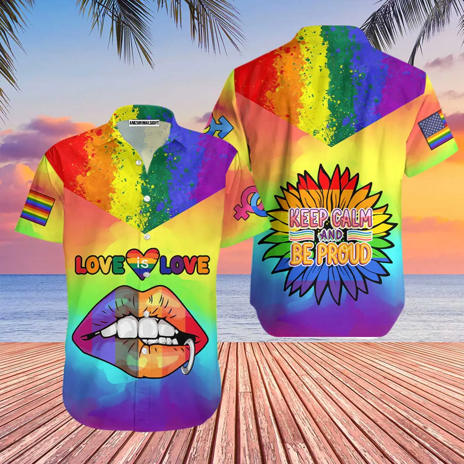 LGBT Aloha Hawaiian Shirts For Summer, Sunflower Lips Aloha Hawaiian Shirts For Men - Love Is Love Keep Calm & Be Proud