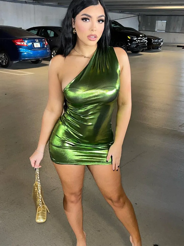 Metallic One Shoulder Mini Dress