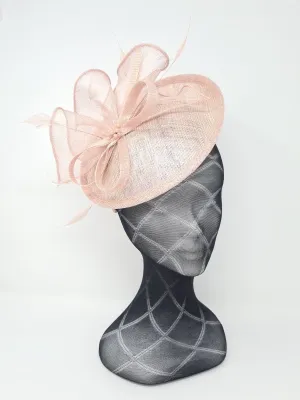 Metallic Oyster Pink Feather & Bow Round Disc Fascinator