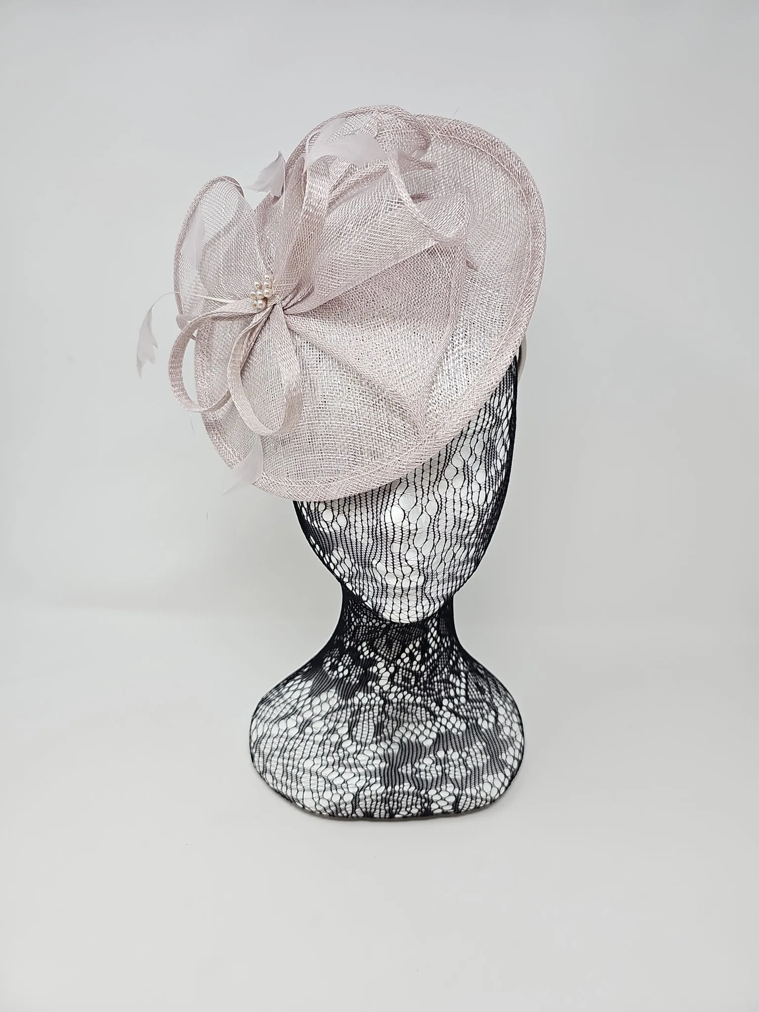 Metallic Pearl Silver Feather & Bow Round Disc Fascinator