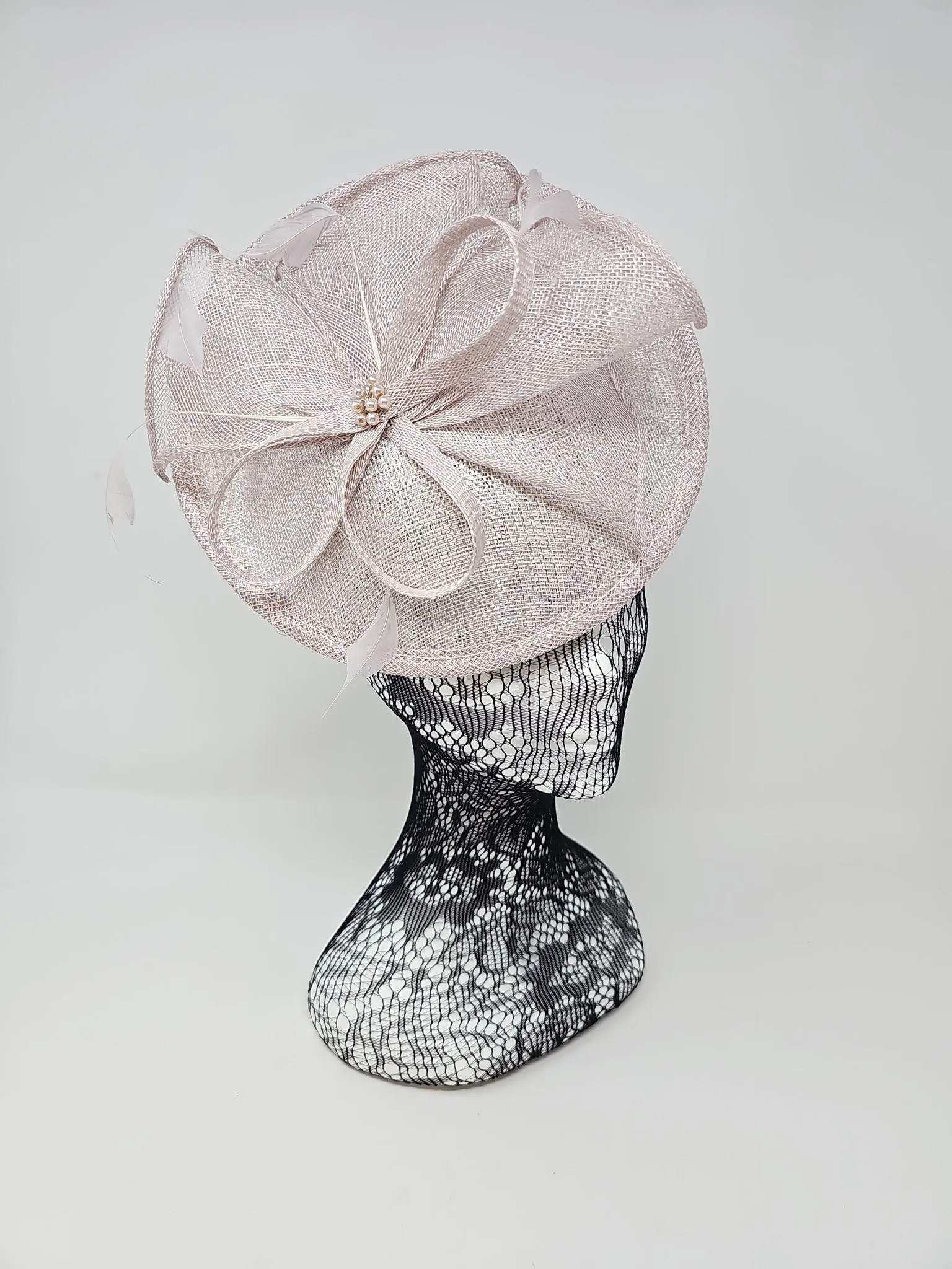 Metallic Pearl Silver Feather & Bow Round Disc Fascinator