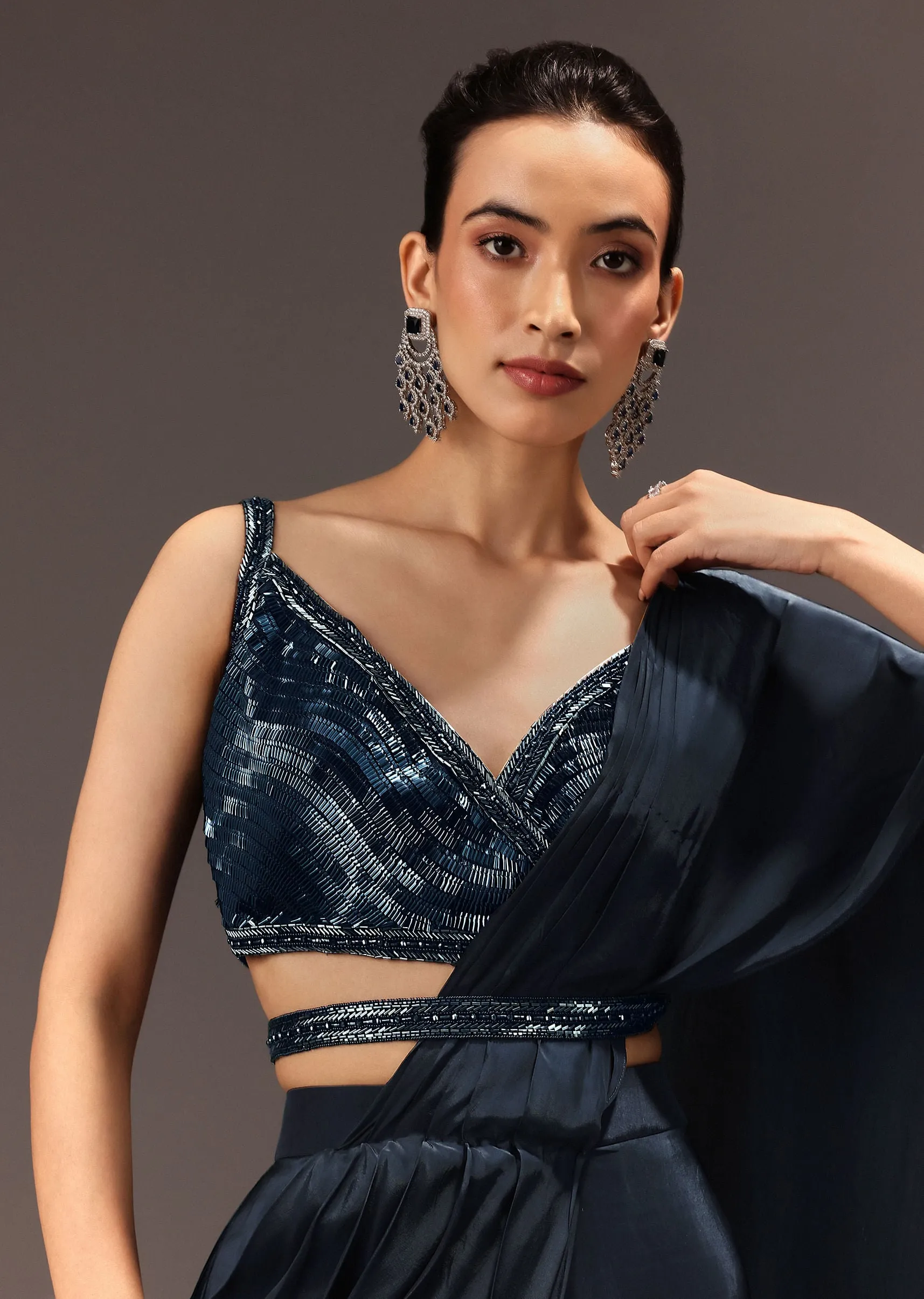 Navy Blue Pre Draped Saree With Sequin Blouse And Belt