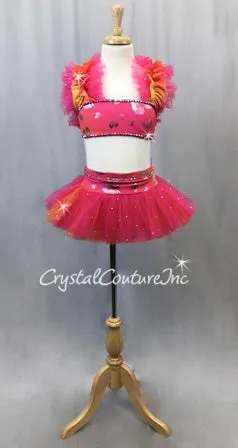 Pink, Orange, Yellow 2pc Crop-top and Tulle Skirt - Swarovski Rhinestone