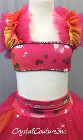 Pink, Orange, Yellow 2pc Crop-top and Tulle Skirt - Swarovski Rhinestone