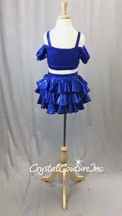 Royal Blue Metallic Lycra 2 Piece Crop Top and Briefs/Tiered Back Skirt