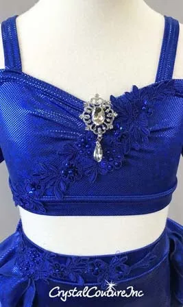 Royal Blue Metallic Lycra 2 Piece Crop Top and Briefs/Tiered Back Skirt