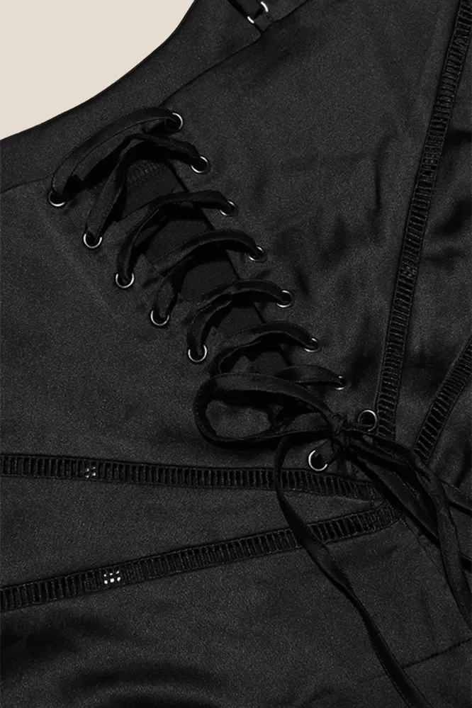 Straps Black Lace-up Back A-line Long Dress