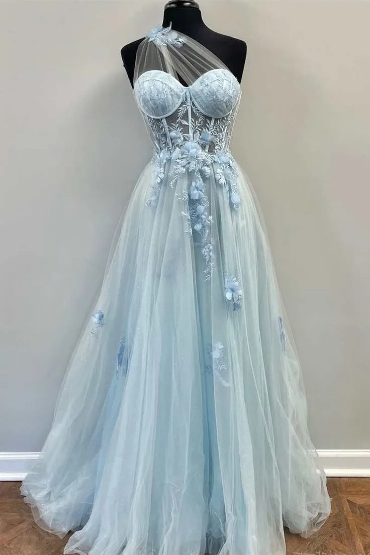 Sweetheart One Shoulder Blue Prom Dress with Flowers       fg4501