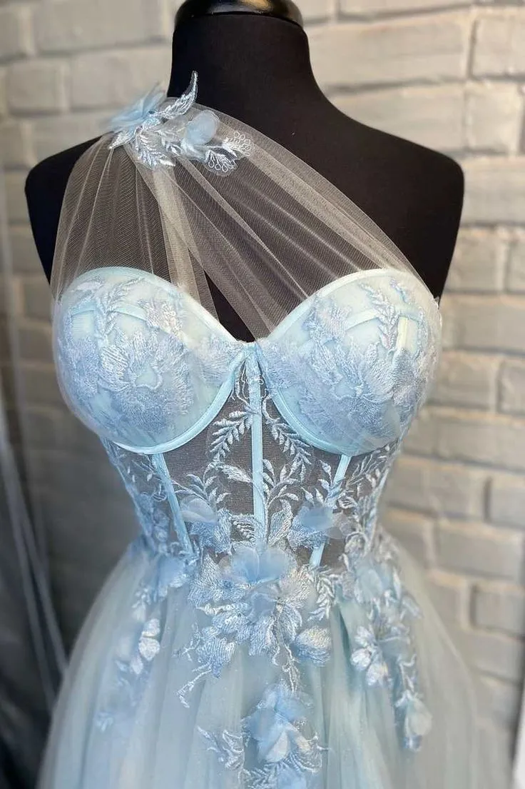Sweetheart One Shoulder Blue Prom Dress with Flowers       fg4501