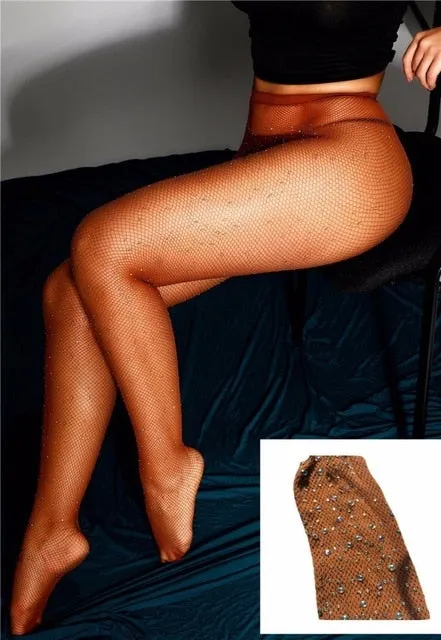 VenusFox Women Plus Size Bling Rhinestone Mesh Fishnet Pantyhose Stockings