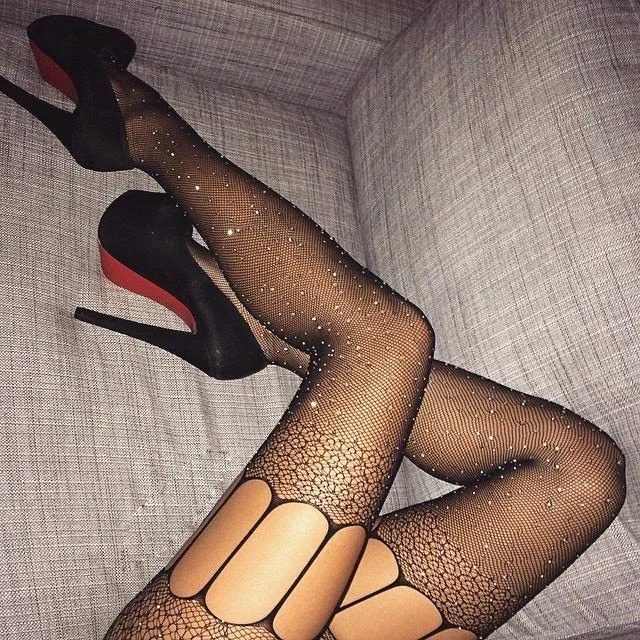 VenusFox Women Plus Size Bling Rhinestone Mesh Fishnet Pantyhose Stockings